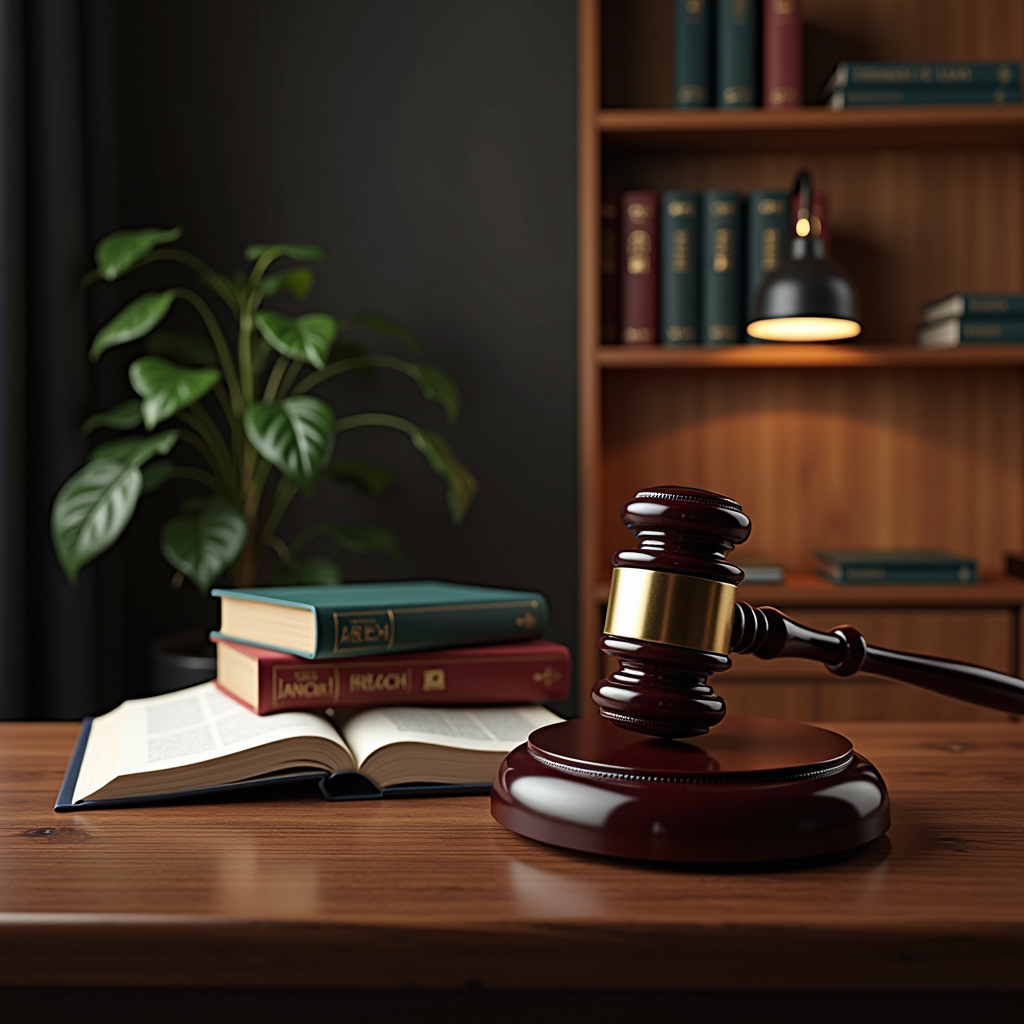 Bureau de consultation juridique professionnel avec livres de droit administratif français et configuration élégante