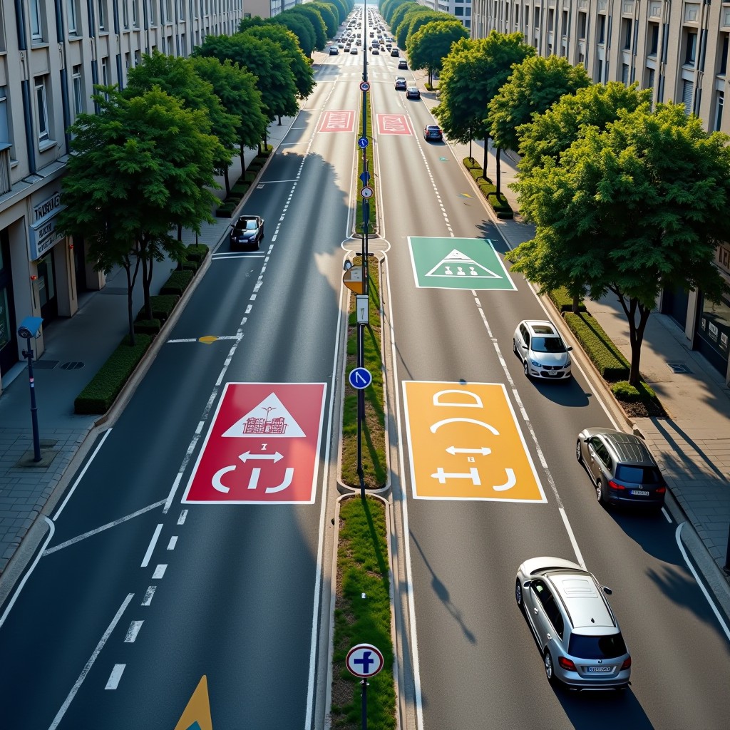 Vue aérienne d'une grande ville française montrant les différentes zones de stationnement avec délimitations colorées, panneaux de signalisation modernes, véhicules garés le long des boulevards, ambiance urbaine contemporaine avec éclairage naturel