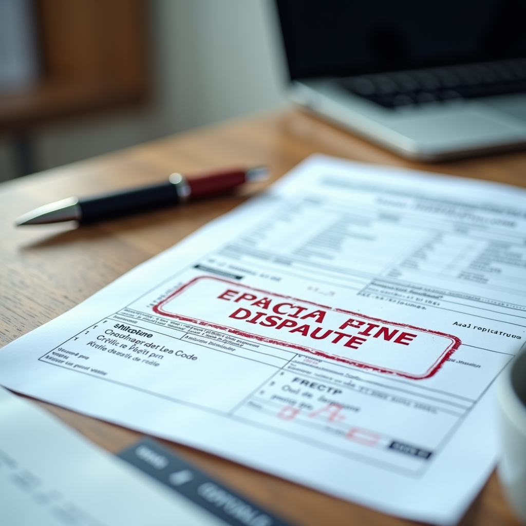 Document officiel de contestation d'amende avec tampon de la République Française, stylo et code de la route sur un bureau professionnel