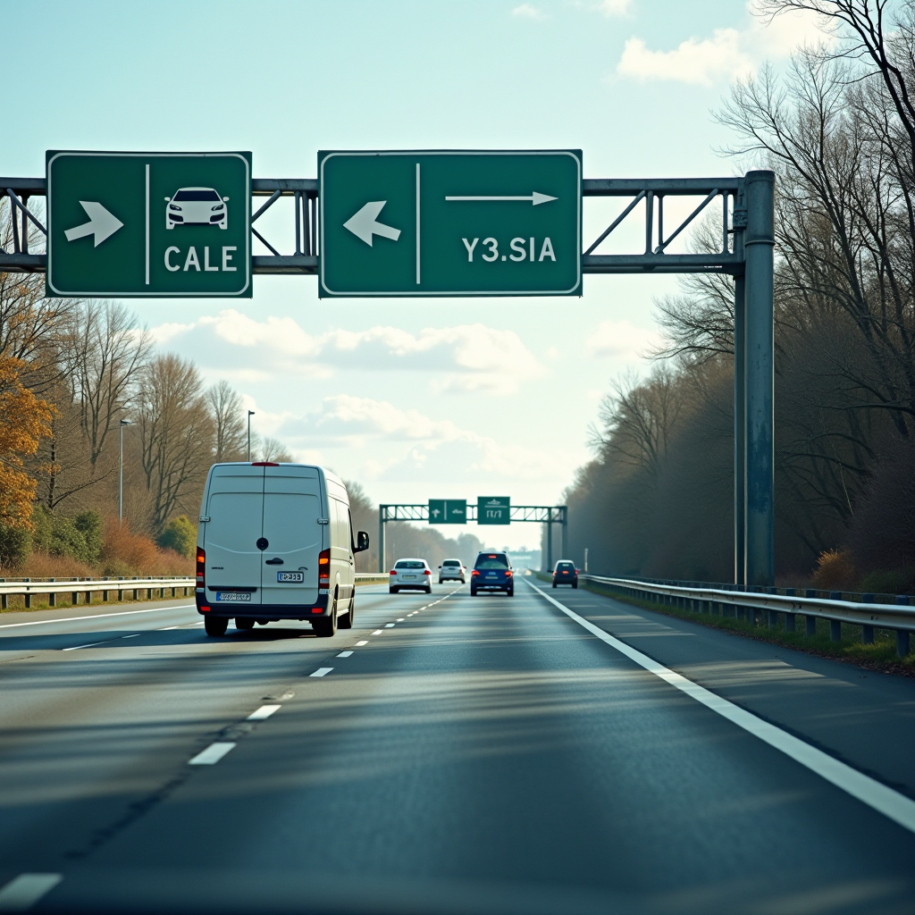 Réseau routier européen moderne avec panneaux de signalisation multilingues et véhicules circulant sur une autoroute internationale, symbolisant la mobilité transfrontalière en Europe