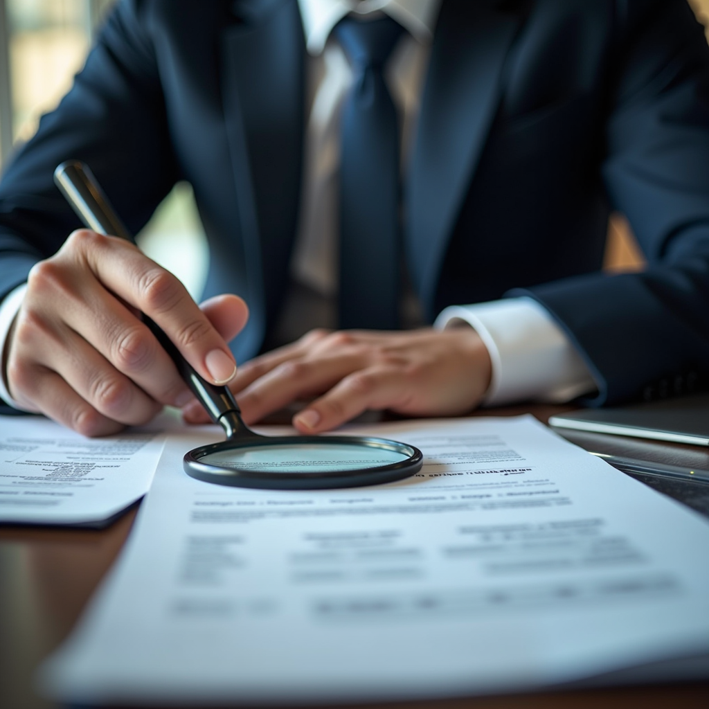 Juriste analysant des documents de contestation d'infraction routière avec loupe et dossiers légaux sur un bureau professionnel