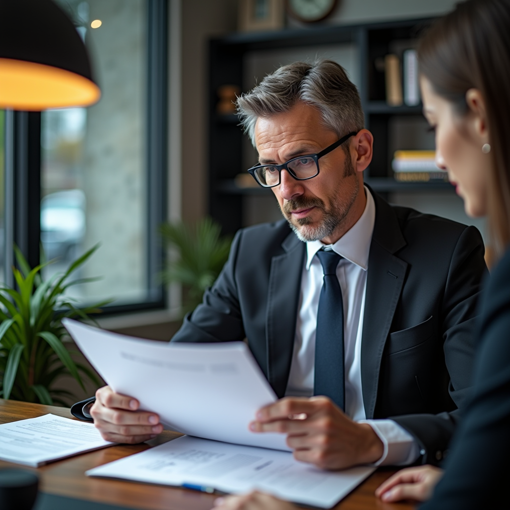 Avocat spécialisé en droit routier consultant un dossier de suspension de permis dans un bureau juridique professionnel avec des documents administratifs et le Code de la route